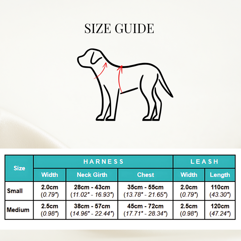 Size chart for Corduroy Harness & Leash Bundle (Green)
