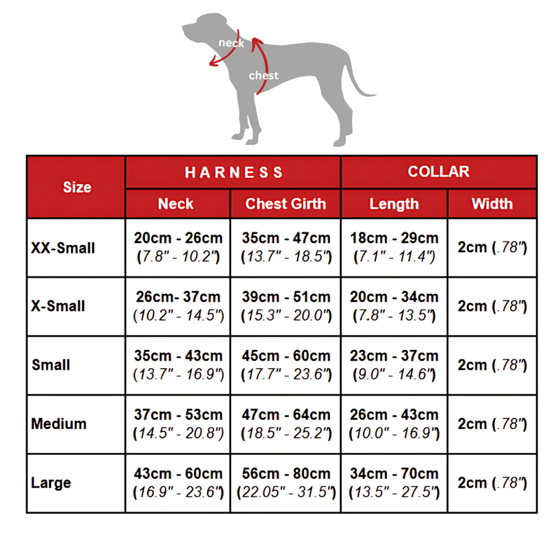 Size chart for Harnais en tissu néoprène Sushi Chef