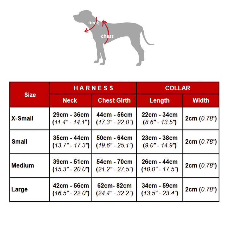 Size chart for Black convertible Harness & Collar, 2-in-1 Harness & Collar