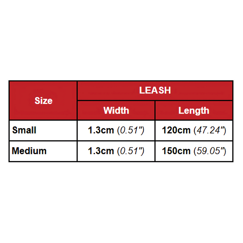 Size chart for Laisse en corde tressée en coton (rouge)