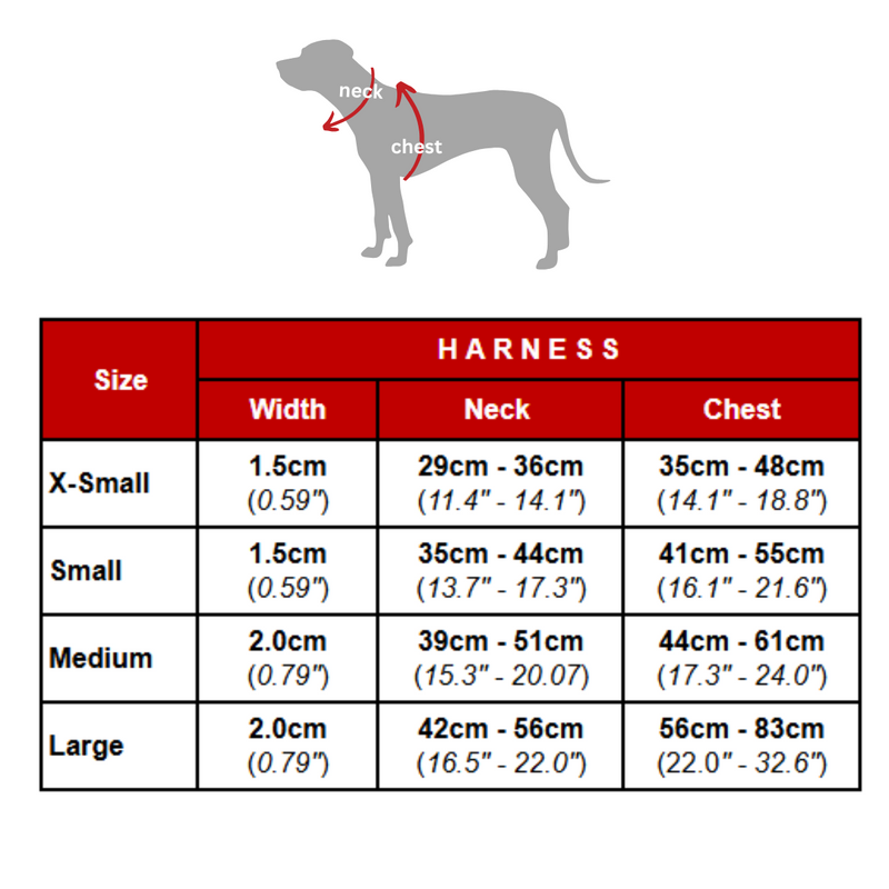 Size chart for Kawaii Doodles Neoprene Fabric Harness