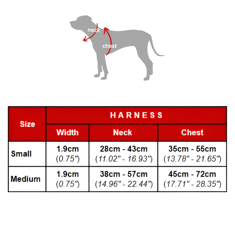 Size chart for All-Weather PVC Harness