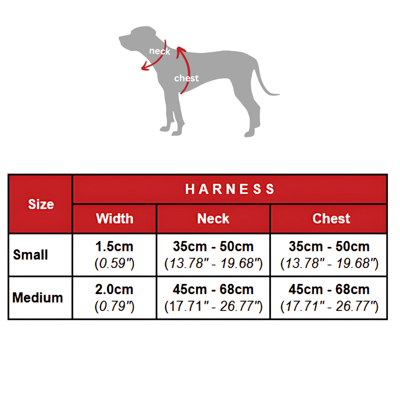 Size chart for Bee-Happy Polyester Step-in Harness