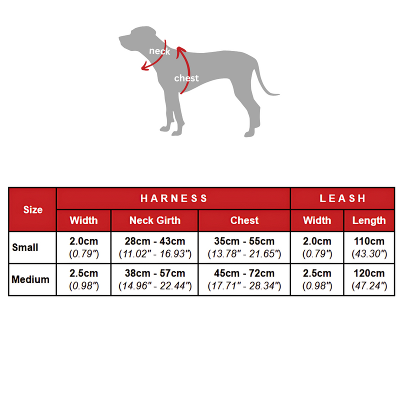 Size chart for Ensemble harnais et laisse en velours côtelé (marron)
