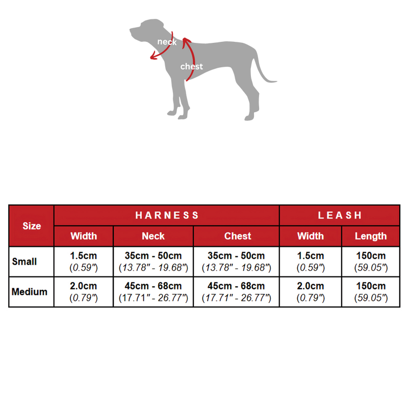 Size chart for Bee-Happy Step In Harness & Leash Bundle