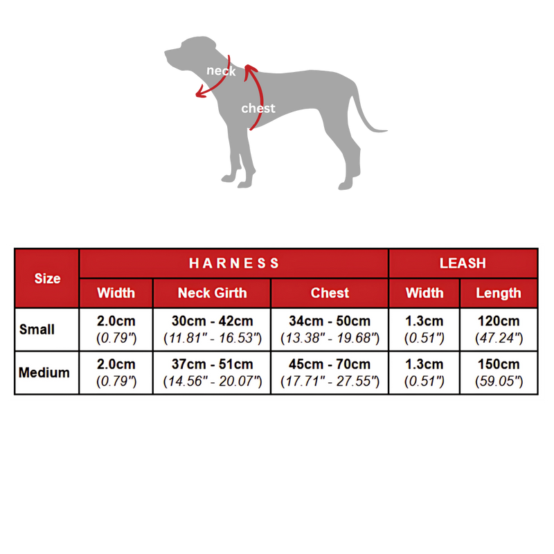 Size chart for Vegan Leather Harness & Braided Rope Leash Bundle