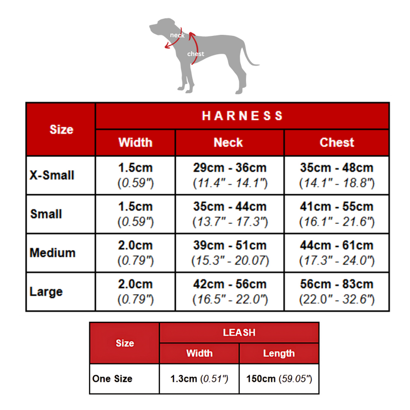 Size chart for Red Charm Harness & Braided Rope Leash Bundle