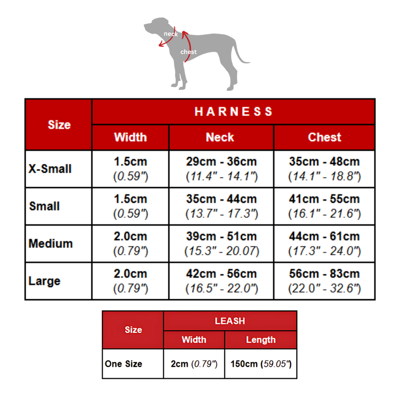 Size chart for Conjunto de arnés y correa Speed ​​Racer