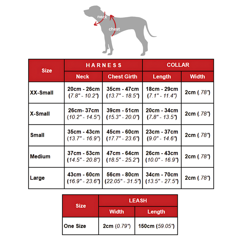 Size chart for Amalfi convertible Harness & Collar, 2-in-1 Harness & Collar