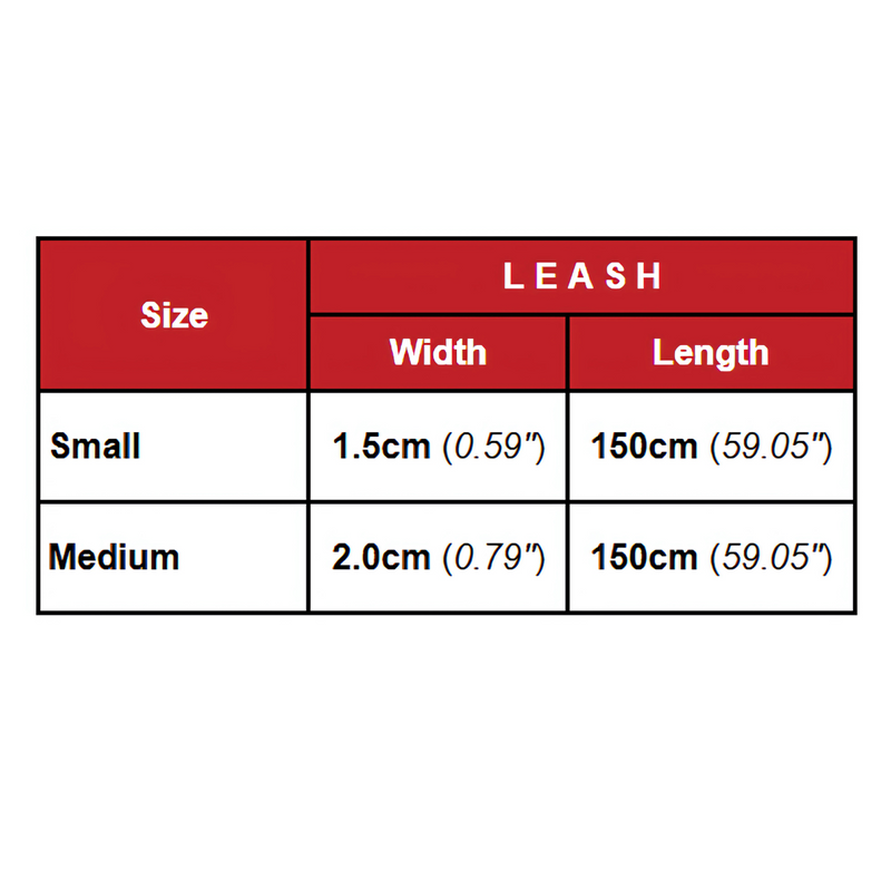 Size chart for Bee-Happy Polyester Leash